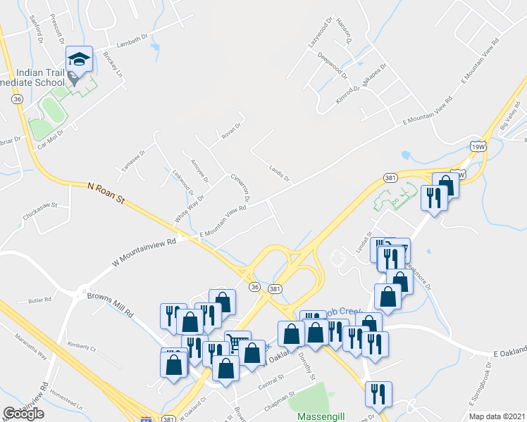 map of restaurants, bars, coffee shops, grocery stores, and more near 402 East Mountain View Road in Johnson City