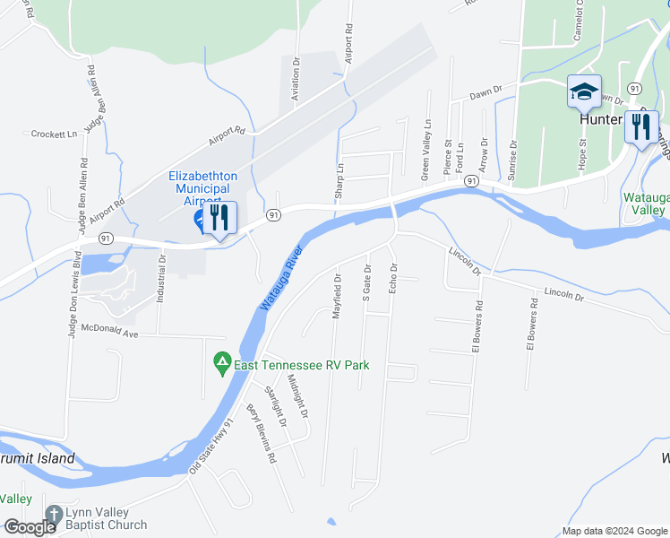 map of restaurants, bars, coffee shops, grocery stores, and more near 102 Mayfield Drive in Elizabethton