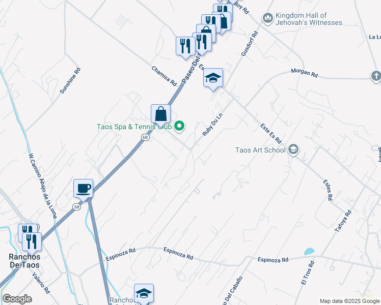 map of restaurants, bars, coffee shops, grocery stores, and more near 201-220 Terraza Del Sol in Taos