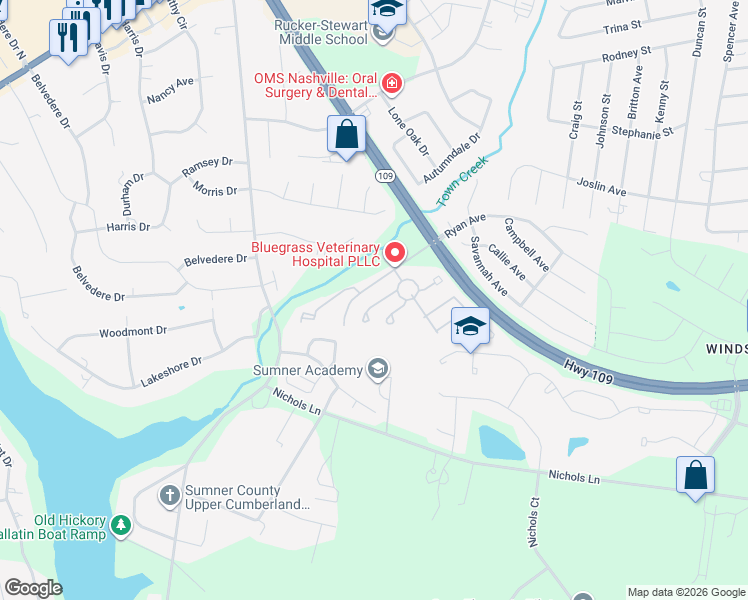 map of restaurants, bars, coffee shops, grocery stores, and more near 395 Devon Chase Hill in Gallatin