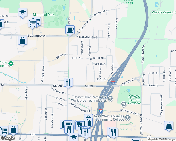 map of restaurants, bars, coffee shops, grocery stores, and more near 606 Paradise Way in Bentonville