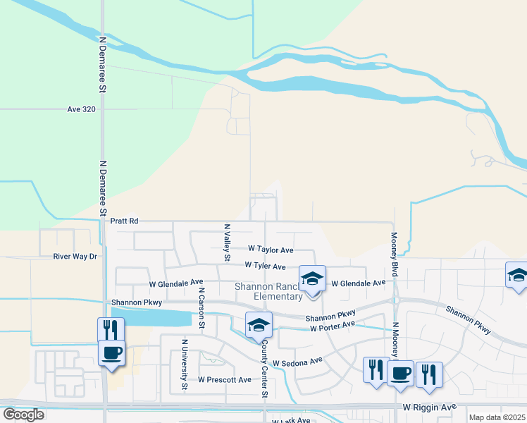 map of restaurants, bars, coffee shops, grocery stores, and more near 2736 Pratt Road in Visalia
