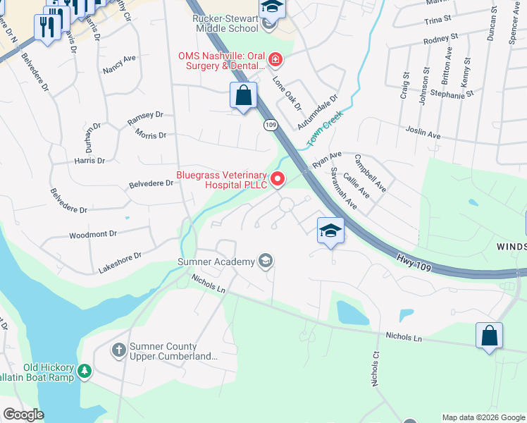 map of restaurants, bars, coffee shops, grocery stores, and more near 395 Devon Chase Hill in Gallatin