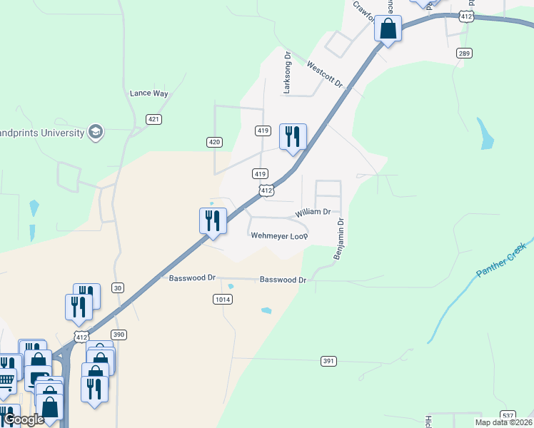 map of restaurants, bars, coffee shops, grocery stores, and more near 156 Wehmeyer Loop in Mountain Home
