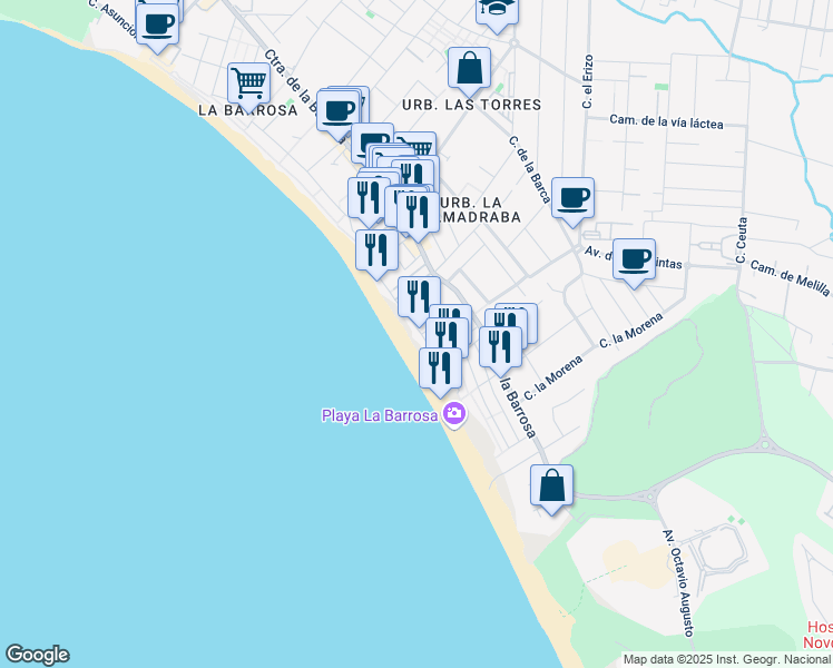 map of restaurants, bars, coffee shops, grocery stores, and more near Calle el Rape in Chiclana de la Frontera