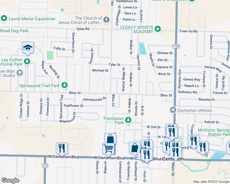 map of restaurants, bars, coffee shops, grocery stores, and more near 651 Frances Drive in Centerton