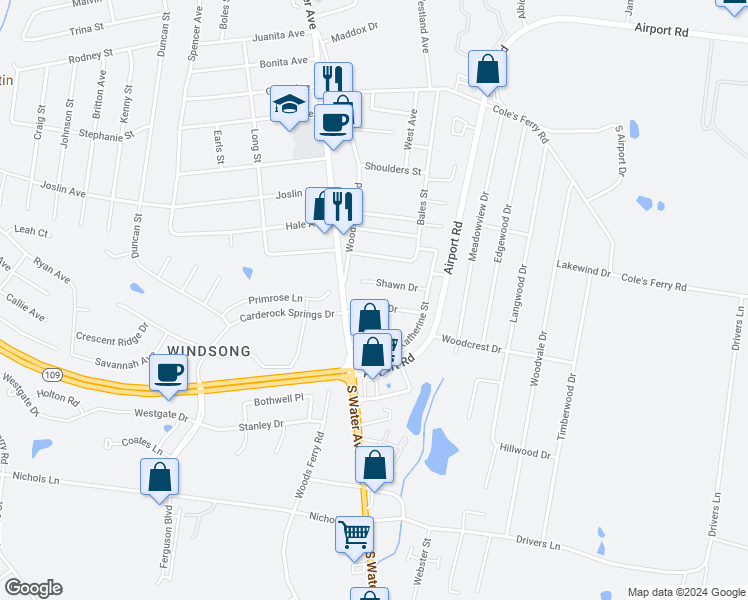 map of restaurants, bars, coffee shops, grocery stores, and more near 118 Kendra Drive in Gallatin
