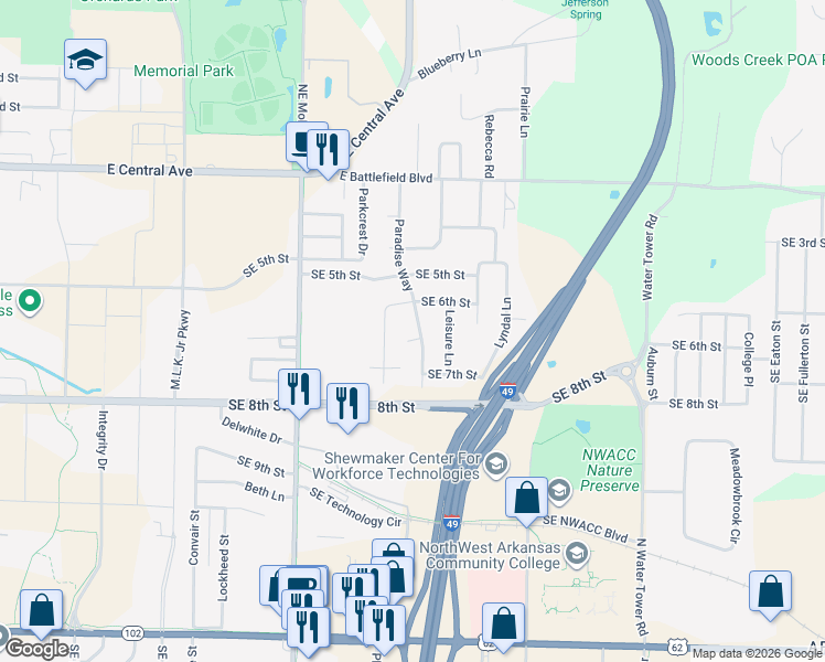 map of restaurants, bars, coffee shops, grocery stores, and more near 606 Paradise Way in Bentonville