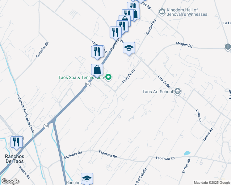 map of restaurants, bars, coffee shops, grocery stores, and more near 201 Terraza Del Sol in Taos