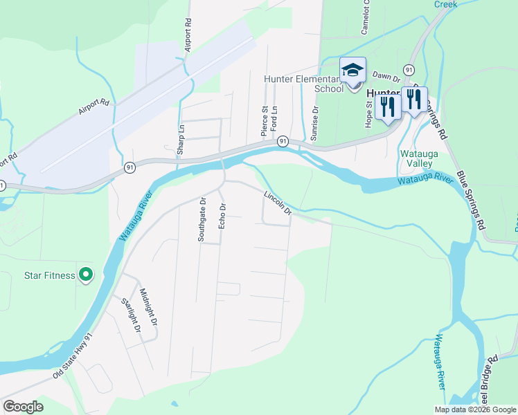 map of restaurants, bars, coffee shops, grocery stores, and more near 115 Lynnview Circle in Elizabethton