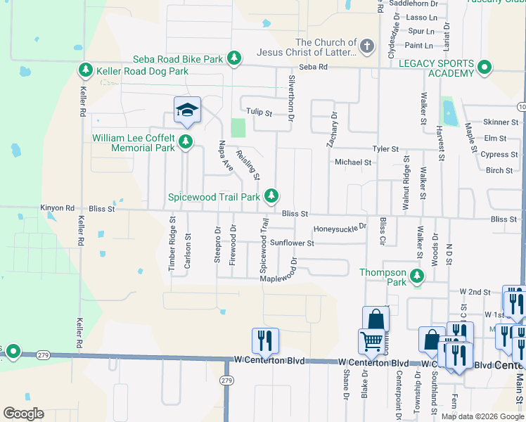 map of restaurants, bars, coffee shops, grocery stores, and more near 611 Bliss Street in Centerton