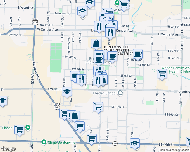 map of restaurants, bars, coffee shops, grocery stores, and more near 331 Southwest 6th Street in Bentonville