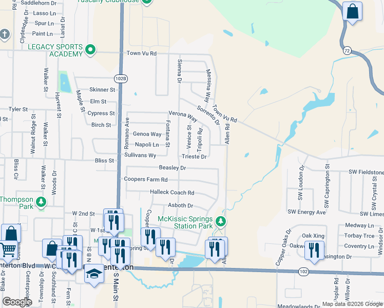 map of restaurants, bars, coffee shops, grocery stores, and more near 720 Venice Street in Centerton