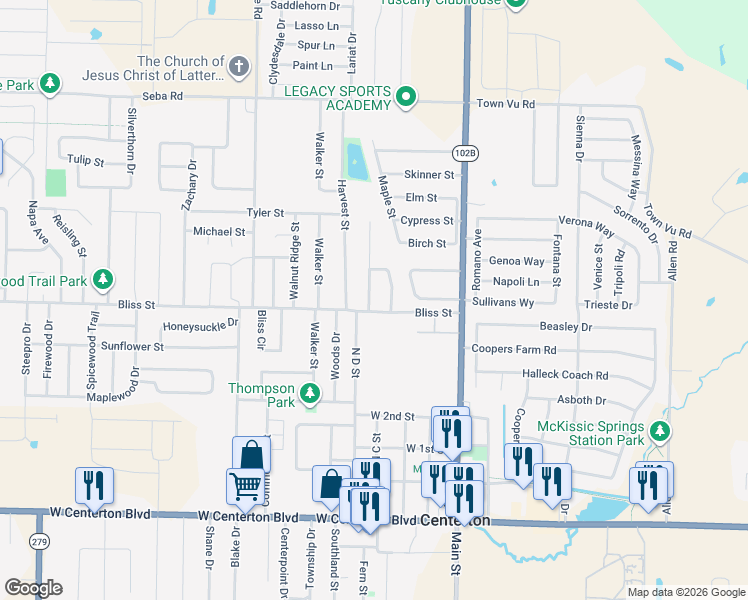map of restaurants, bars, coffee shops, grocery stores, and more near 360 Bliss Street in Centerton