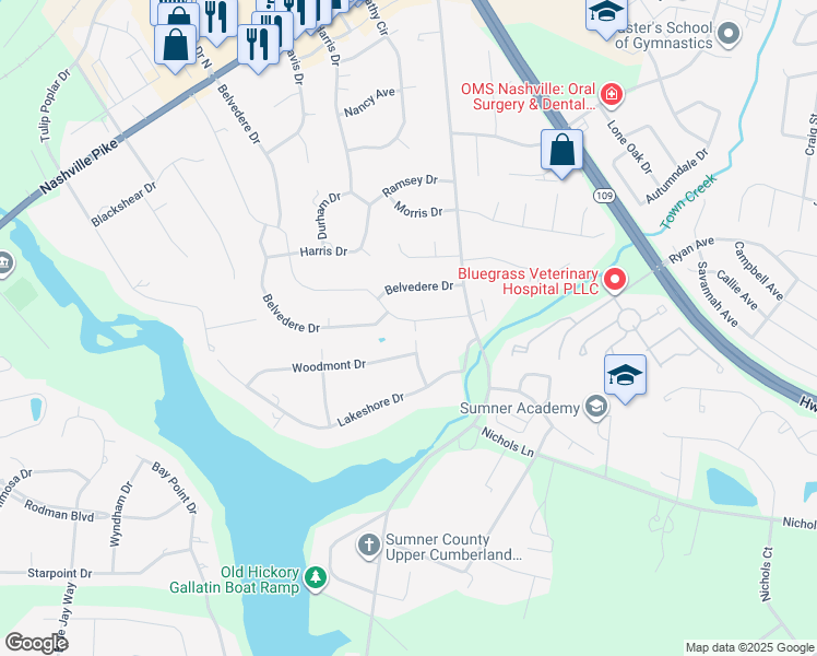 map of restaurants, bars, coffee shops, grocery stores, and more near 1148 Peninsula Drive in Gallatin