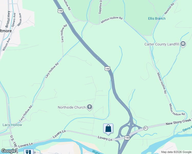map of restaurants, bars, coffee shops, grocery stores, and more near 208 Fitzsimmons Hill Road in Elizabethton