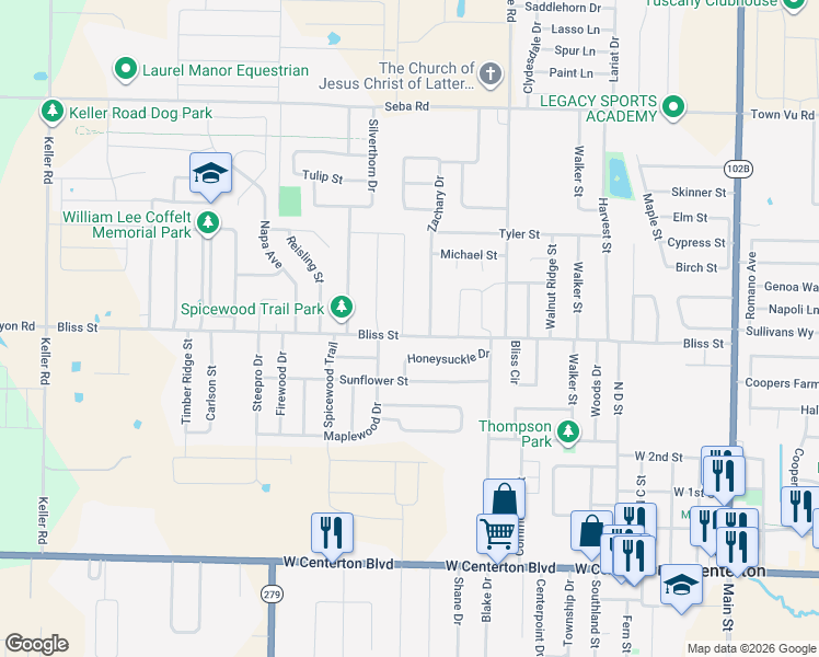 map of restaurants, bars, coffee shops, grocery stores, and more near 650 Appleridge Drive in Centerton