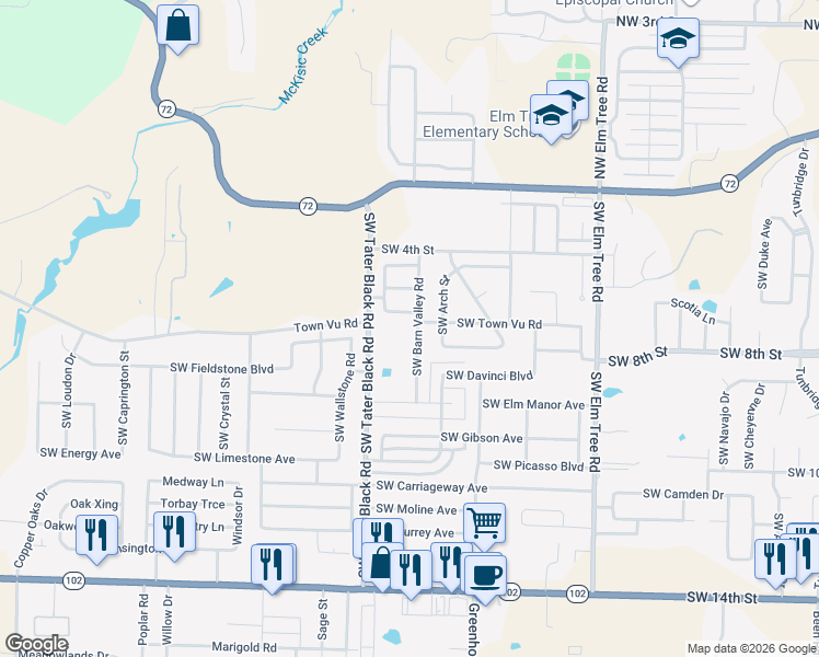 map of restaurants, bars, coffee shops, grocery stores, and more near 603 Southwest Barn Valley Road in Bentonville