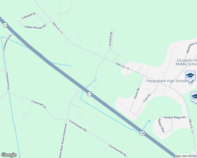 map of restaurants, bars, coffee shops, grocery stores, and more near 3358 West Main Street Extension in Elizabeth City
