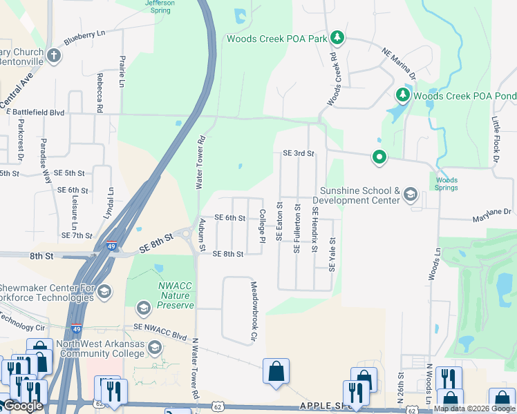 map of restaurants, bars, coffee shops, grocery stores, and more near 507 College Place in Bentonville