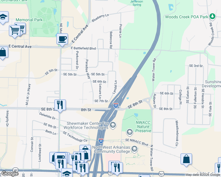 map of restaurants, bars, coffee shops, grocery stores, and more near 607 Southeast Cambridge Place in Bentonville