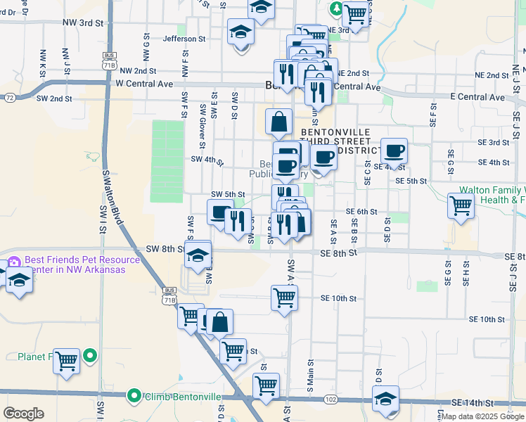 map of restaurants, bars, coffee shops, grocery stores, and more near 331 Southwest 6th Street in Bentonville