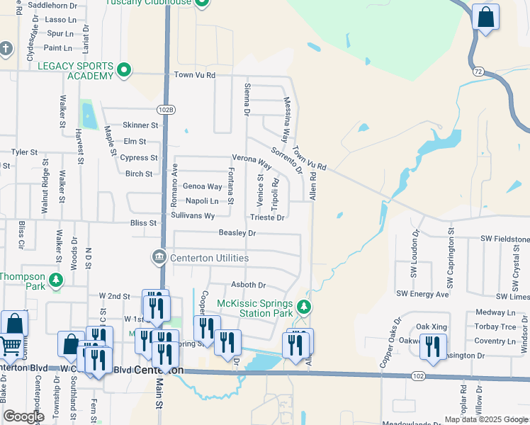 map of restaurants, bars, coffee shops, grocery stores, and more near 720 Venice Street in Centerton