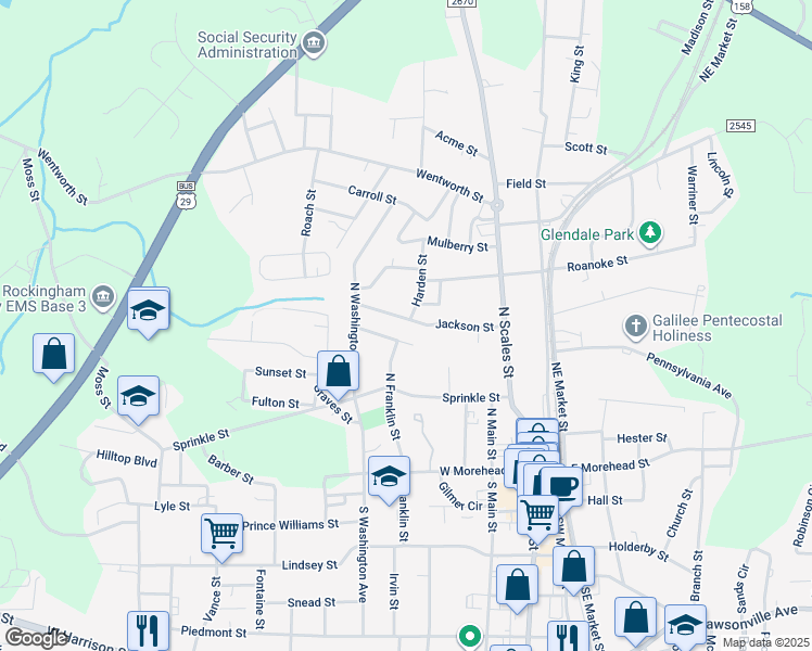 map of restaurants, bars, coffee shops, grocery stores, and more near 331 Jackson Street in Reidsville