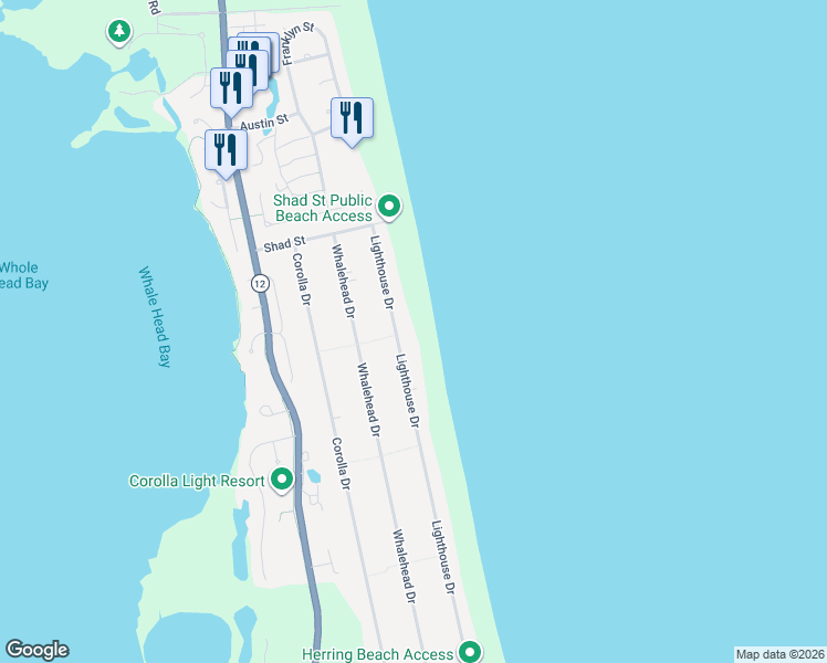 map of restaurants, bars, coffee shops, grocery stores, and more near 1075 Lighthouse Drive in Corolla