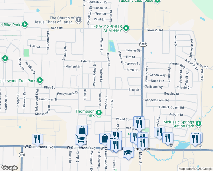 map of restaurants, bars, coffee shops, grocery stores, and more near 538 Bliss St in Centerton