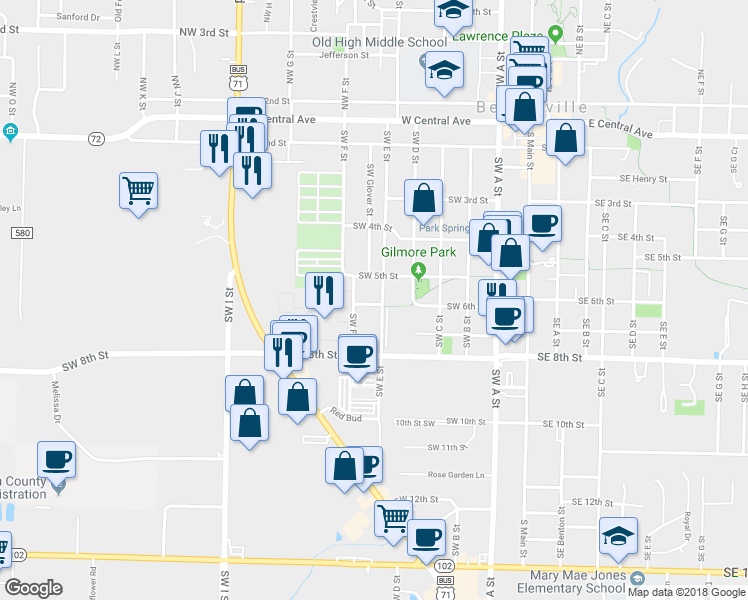 map of restaurants, bars, coffee shops, grocery stores, and more near 510 Southwest E Street in Bentonville