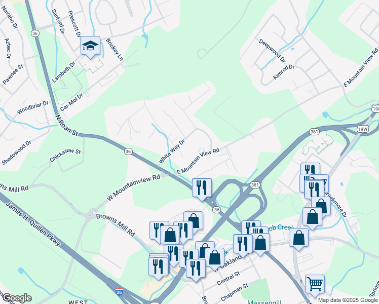 map of restaurants, bars, coffee shops, grocery stores, and more near 203 East Mountain View Road in Johnson City