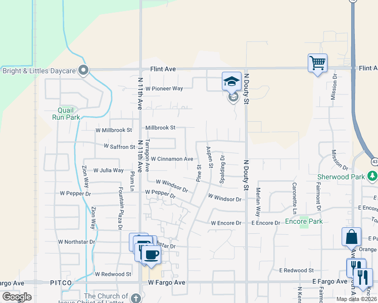 map of restaurants, bars, coffee shops, grocery stores, and more near in Hanford