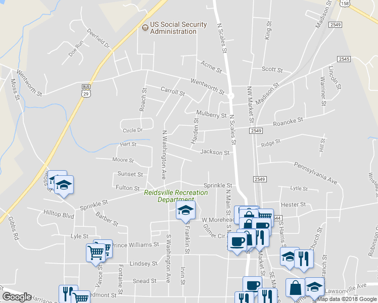 map of restaurants, bars, coffee shops, grocery stores, and more near 331 Jackson Street in Reidsville