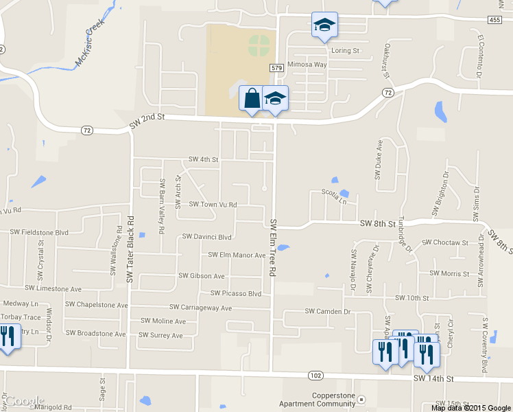 map of restaurants, bars, coffee shops, grocery stores, and more near 3401 Southwest Town Vu Road in Bentonville