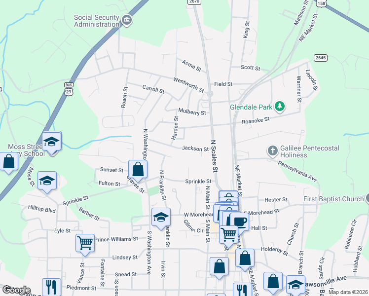 map of restaurants, bars, coffee shops, grocery stores, and more near 317 Jackson Street in Reidsville