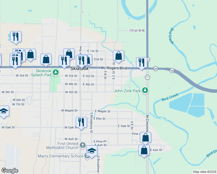 map of restaurants, bars, coffee shops, grocery stores, and more near 405 East 5th Street in Skiatook