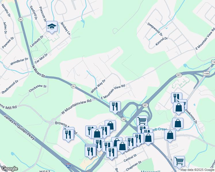 map of restaurants, bars, coffee shops, grocery stores, and more near 203 East Mountain View Road in Johnson City
