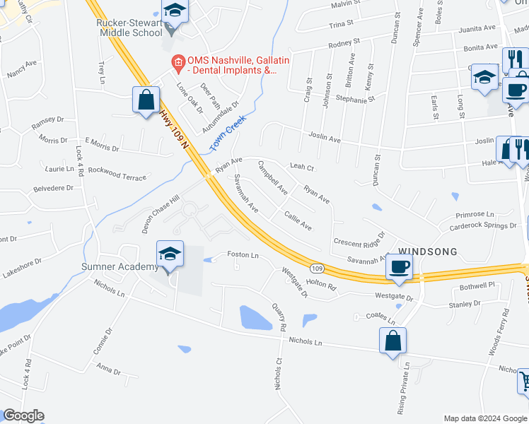 map of restaurants, bars, coffee shops, grocery stores, and more near 1082 Savannah Avenue in Gallatin