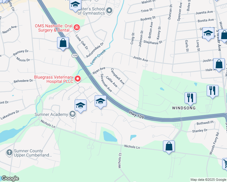 map of restaurants, bars, coffee shops, grocery stores, and more near 1082 Savannah Avenue in Gallatin