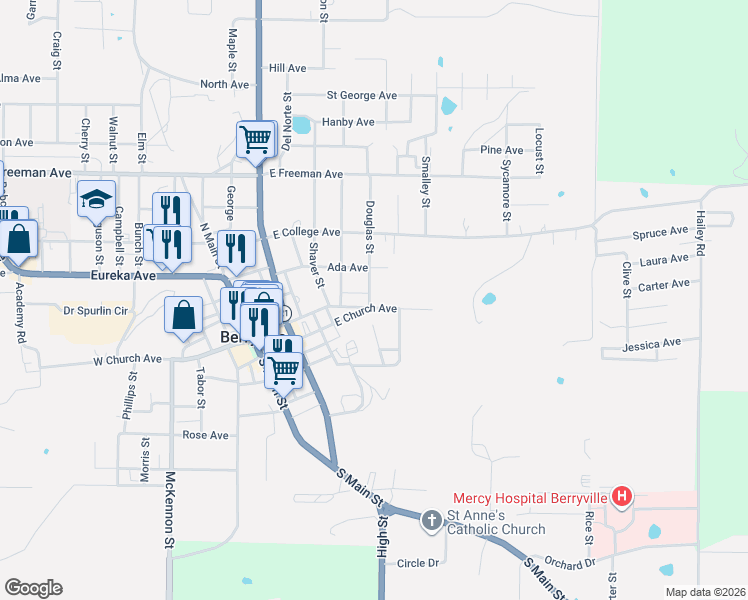 map of restaurants, bars, coffee shops, grocery stores, and more near 614 East Church Avenue in Berryville