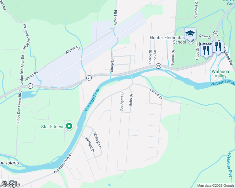 map of restaurants, bars, coffee shops, grocery stores, and more near 112 South Gate Drive in Elizabethton