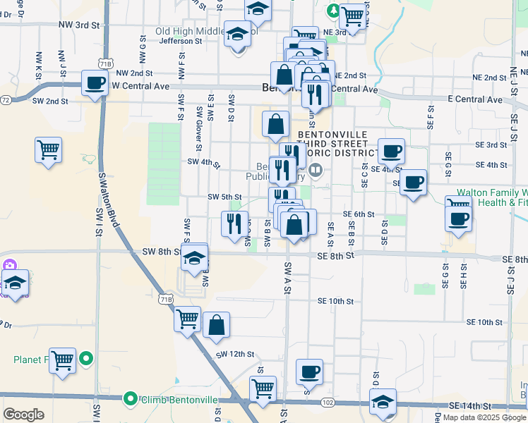 map of restaurants, bars, coffee shops, grocery stores, and more near 331 Southwest 6th Street in Bentonville