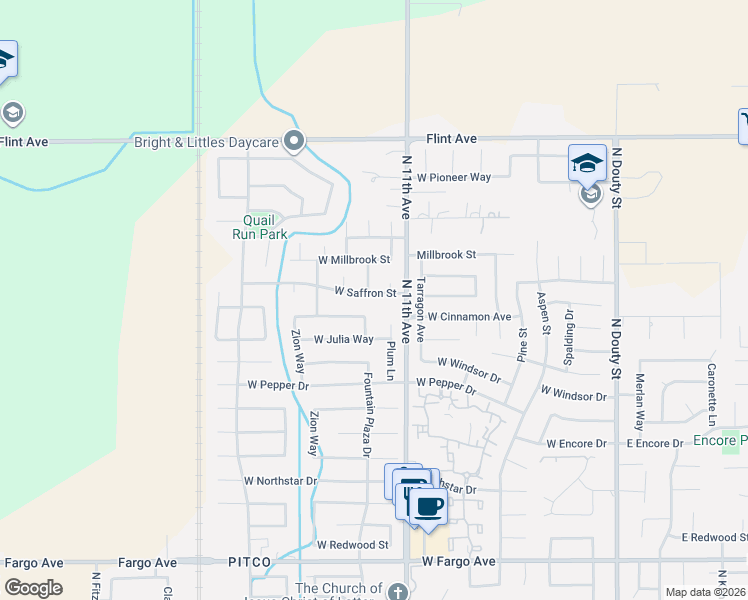 map of restaurants, bars, coffee shops, grocery stores, and more near 837 West Saffron Street in Hanford