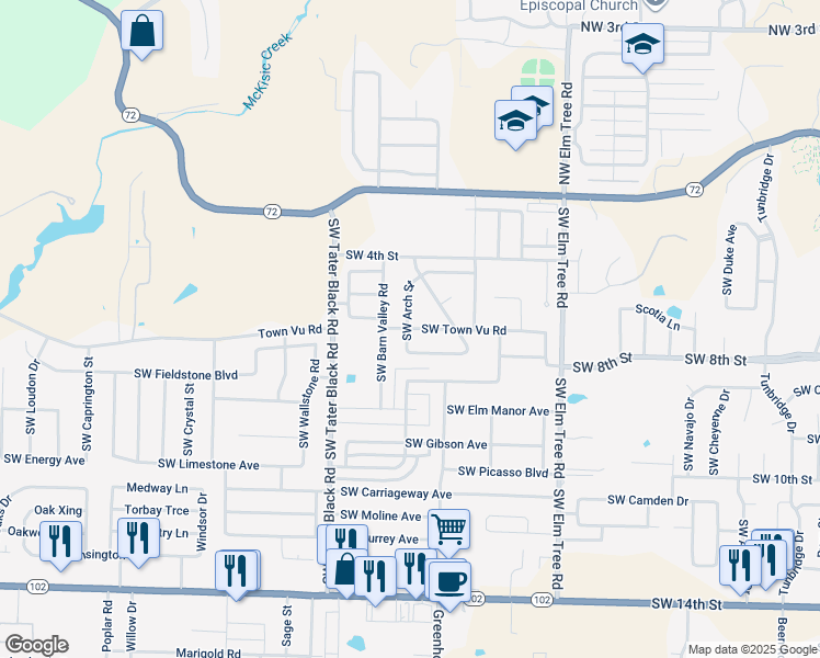 map of restaurants, bars, coffee shops, grocery stores, and more near 3801 Southwest Town Vu Road in Bentonville
