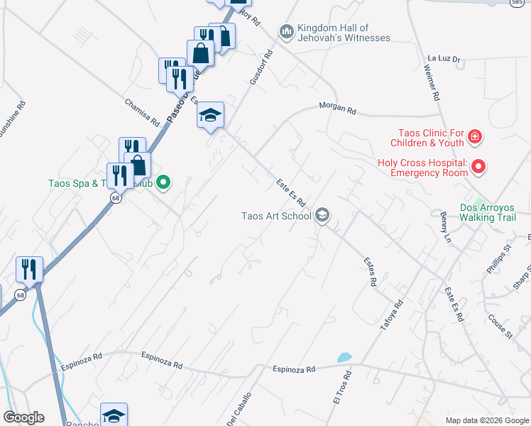 map of restaurants, bars, coffee shops, grocery stores, and more near 1213 Gusdorf Road in Taos