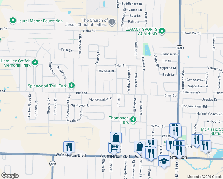 map of restaurants, bars, coffee shops, grocery stores, and more near 821 Bliss Street in Centerton