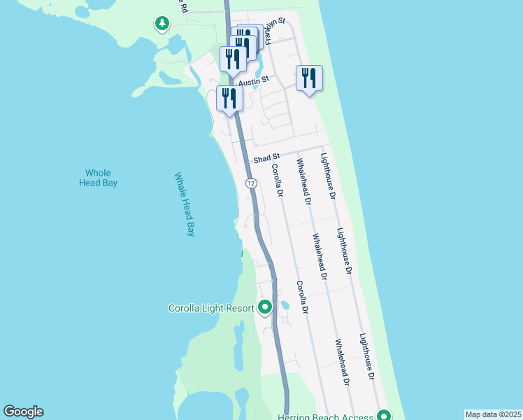 map of restaurants, bars, coffee shops, grocery stores, and more near 1080 Keepers Way in Corolla