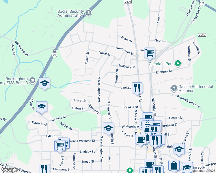 map of restaurants, bars, coffee shops, grocery stores, and more near 341 Jackson Street in Reidsville