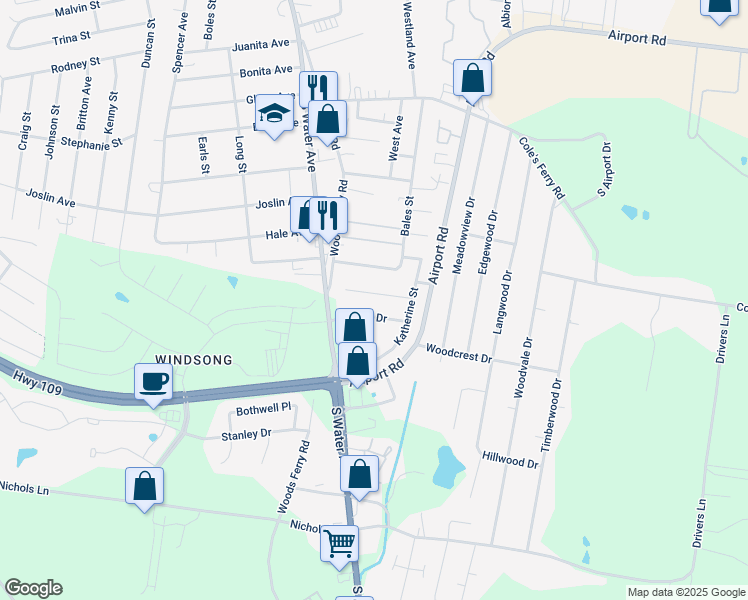 map of restaurants, bars, coffee shops, grocery stores, and more near 127 Shawn Drive in Gallatin